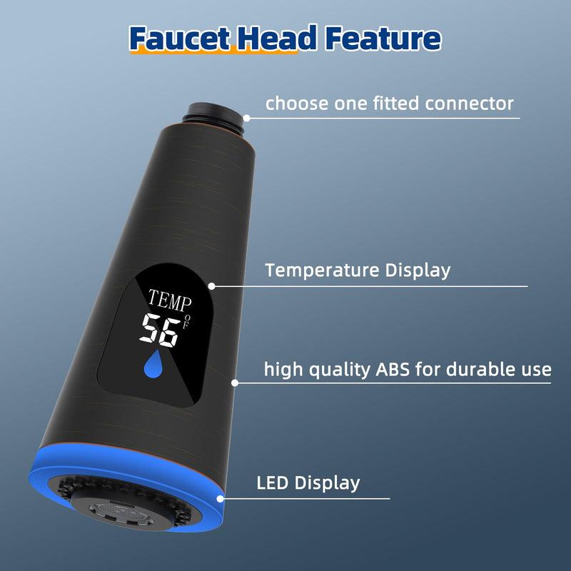 LED Kitchen Faucet Head, 4-Mode Spray, Temperature Display, Rubbed Bronze | Pull Down Kitchen Faucet Head with 15 Adapters Compatible with American Standard/Kohler/Moen/Delta, Sink Sprayer Head LED Design Oil Rubbed Bronze