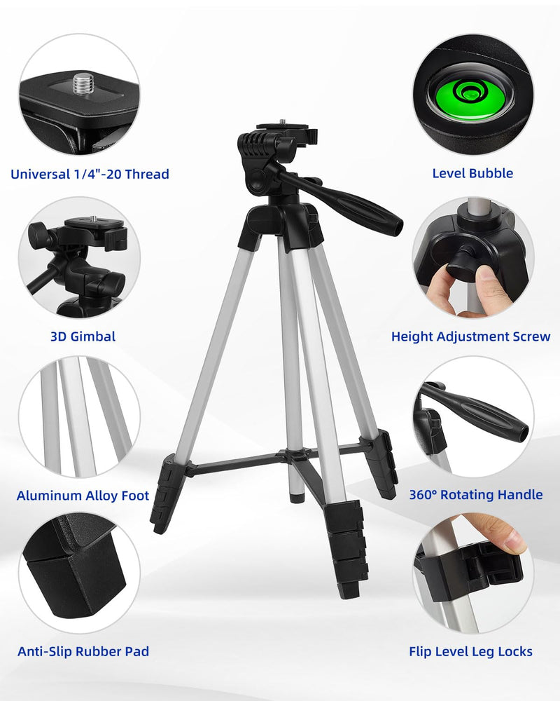 16.5"-55" Aluminum Tripod for Laser Level, 1.2lb Lightweight, 3D Pan Tilt with Bubble Level, Quick Release Plate, Silver 55 inches