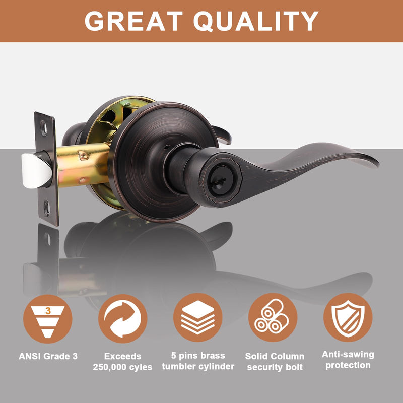 Probrico (1 Pack Entry Door Lever [Lock with 3 Keys],Locking Door Handle Set for Office or Front Door,Oil Rubbed Bronze Wave Entrance Door Lock with Key, Reversible Right & Left Side Handed 1 Keyed Entrance-not keyed alike