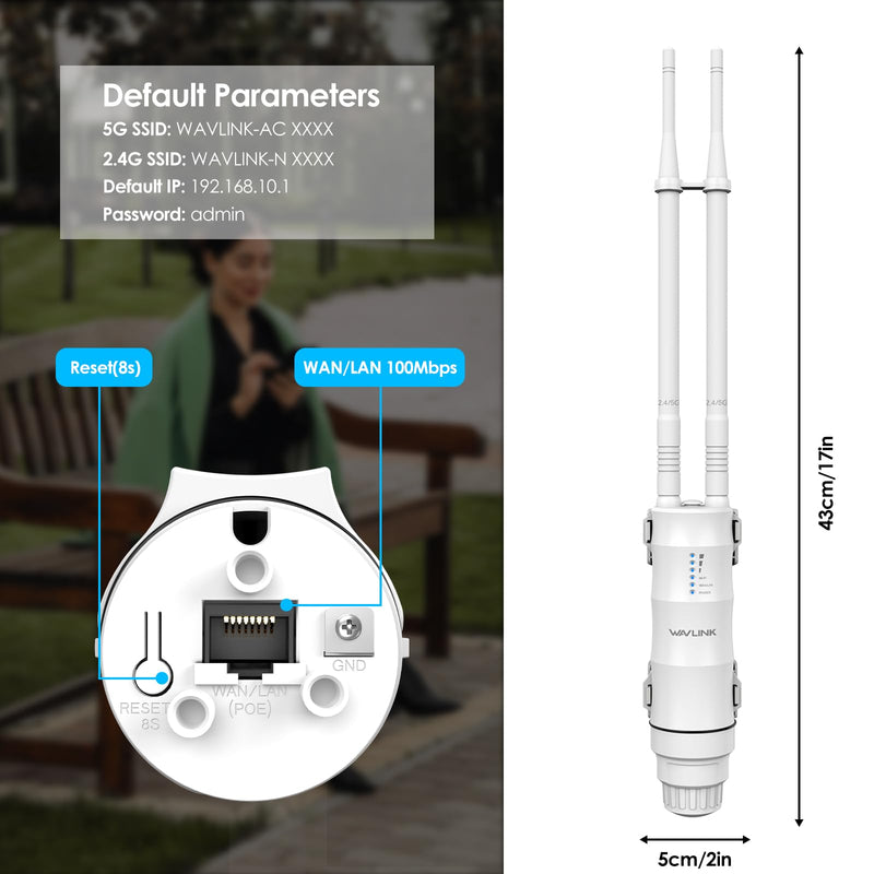 WAVLINK AC1200 Outdoor Long Range WiFi Extender/Wireless Access Point with Active/Passive POE,WAN/LAN Port,IP67 Waterproof, Dual Band 5G+2.4G, 2x7dBi Antennas,Supports Router/AP/Repeater Modes AC1200 Active/Passive