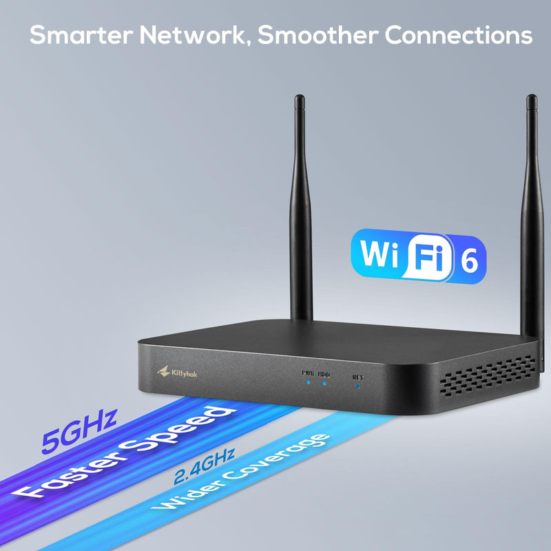 Kittyhok Wireless NVR Security System 10CH Black Recorder with Dual WiFi Router, Long Range WiFi, Built-in Speaker, Motion Recording & Alerts, Supports up to 6TB HDD