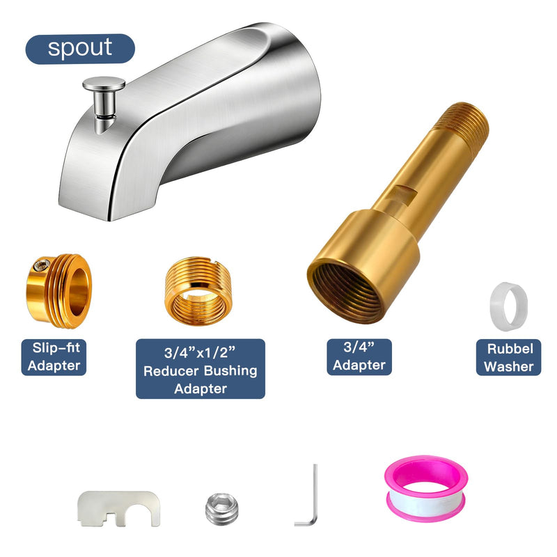 Brushed Nickel Bathtub Spout with Diverter, All Metal,5.3 Inch Tub Spout, Fits 1/2" Copper Slip-On and 1/2" or 3/4" IPS Threaded Pipes, Leak-Free, Slip Fit Tub Spout with Pull-Up Diverter Brushed Nickel