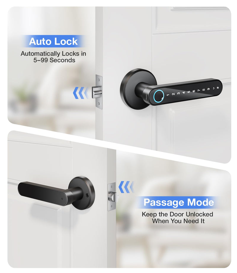 Fingerprint Door Lock, Smart Door Knob with Keypad Keyless Entry, Biometric Door Lock with App Control & Passcode, 4-in-1 Electronic Door Handle for Bedroom, Office, Apartment, Hotel – Modern Design 6 Key Cards