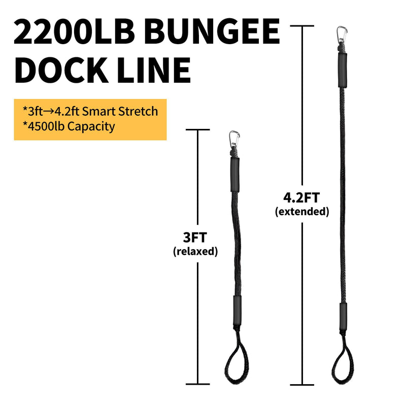 Bungee Dock Line for Boats – 3ft Elastic Mooring Rope with Stainless Steel Clip – Quick Dock Tie for Jet Ski, Pontoon (Black) Black