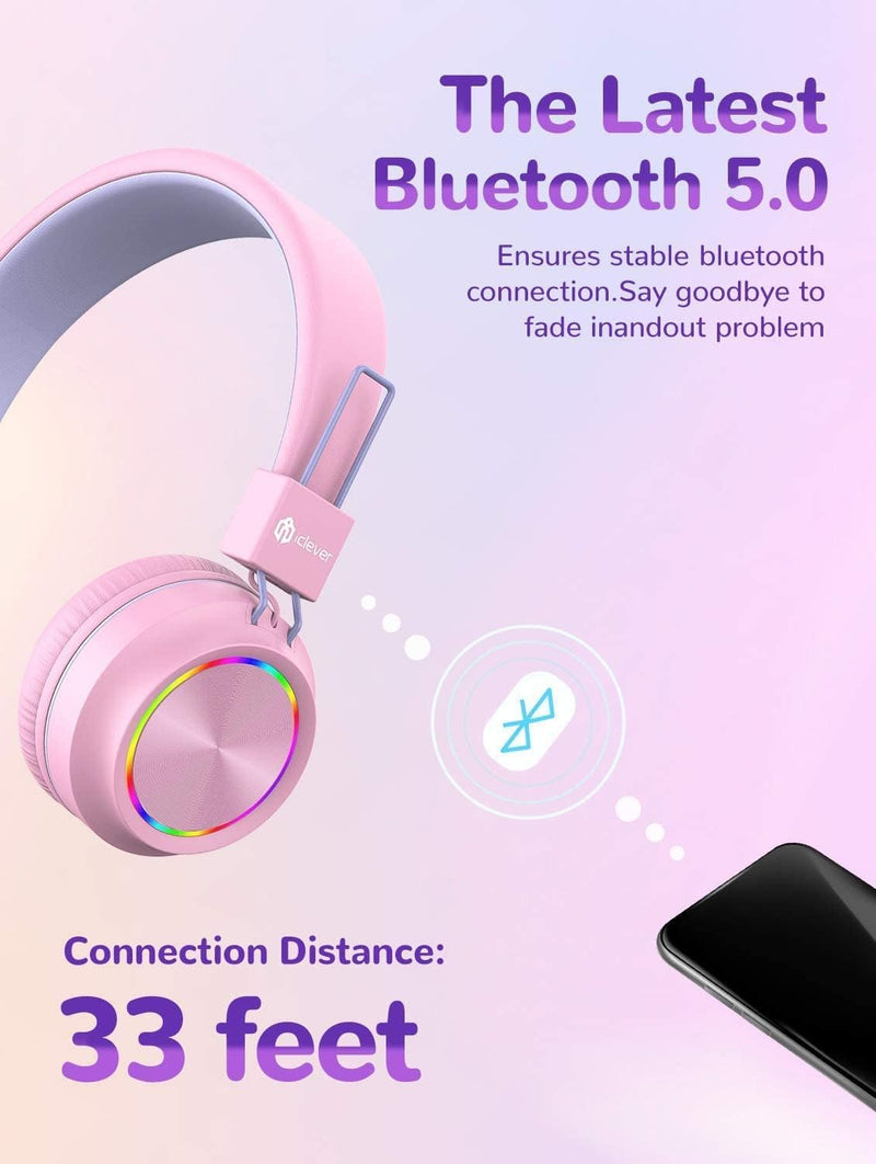 iClever Kids Bluetooth Headphones LED Light Up with Safe Volume, 25H Playtime, Stereo Sound Mic, Bluetooth 5.0, Foldable, On Ear Kids Wireless Headphones for Tablet/Airplane/Travel (Light Pink) Light Pink