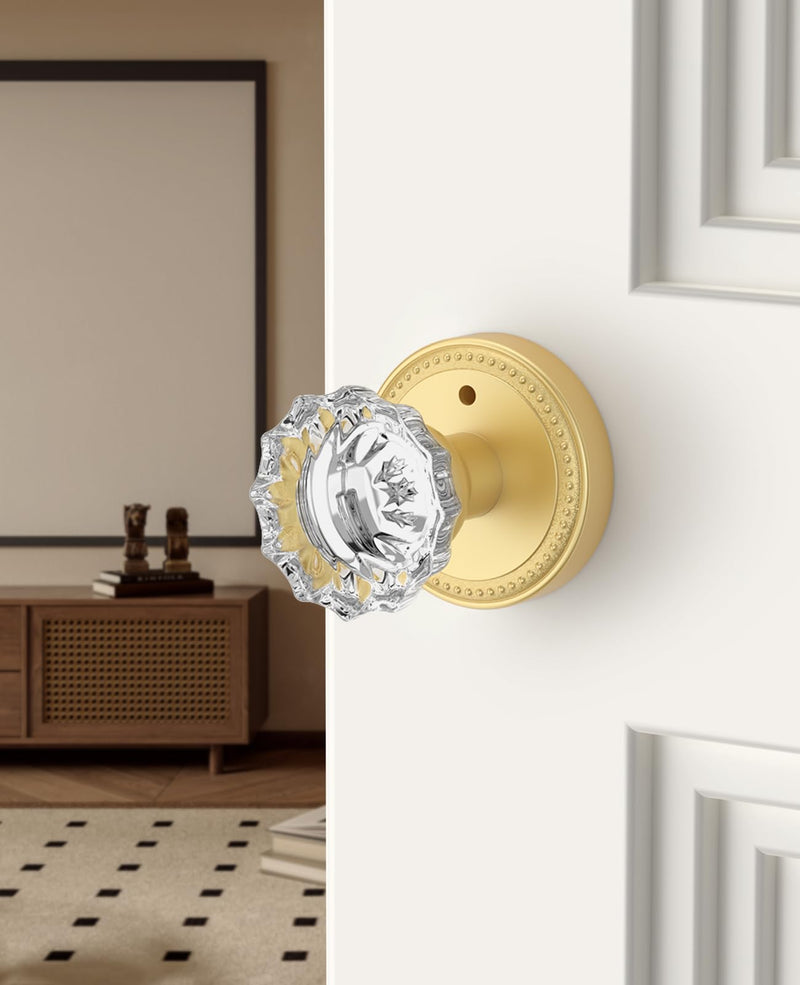 Asidrama 1 Pack Privacy Gold Crystal Door Knob with Lock, Brush Gold Glass Door Knobs Interior for Bedroom or Bathroom, Heavy Duty for Left Right Sided Doors Brushed Gold