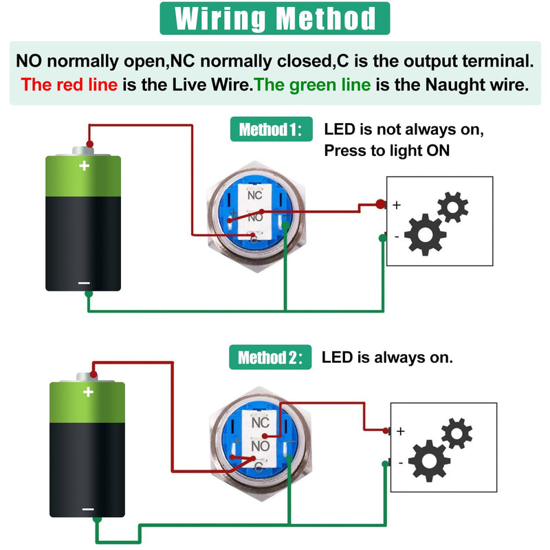 Twidec/16MM Raised Speaker Horn Momentary Push Button Switch 5/8" Mounting Hole 12V Blue Led Light Black Stainless Steel Shell 1NO 1NC SPDT with Pre-wiring Wires Switch For Car Modification BKG16LB-BU BK-blue