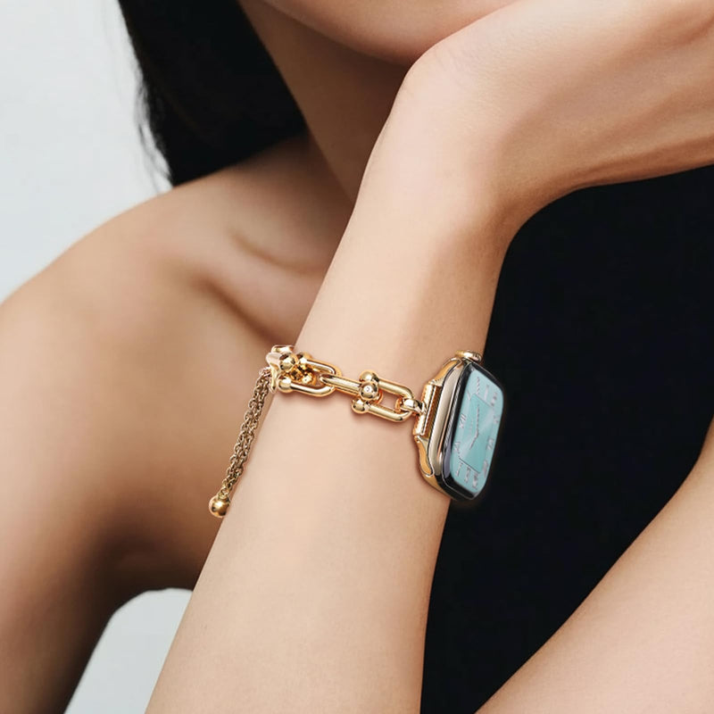 Slim Bracelet for Apple Watch Series 11-3 SE 3/2/1 Ultra Women iwatch Bands | U-Shaped Jewelry Design, Push-Button Drawstring Lock, Fits 38/40/41/42/44/45/46/49mm, Adjustable Length, Dressy Gift for Her Gold 38/40/41/42mm(Series 11/10)
