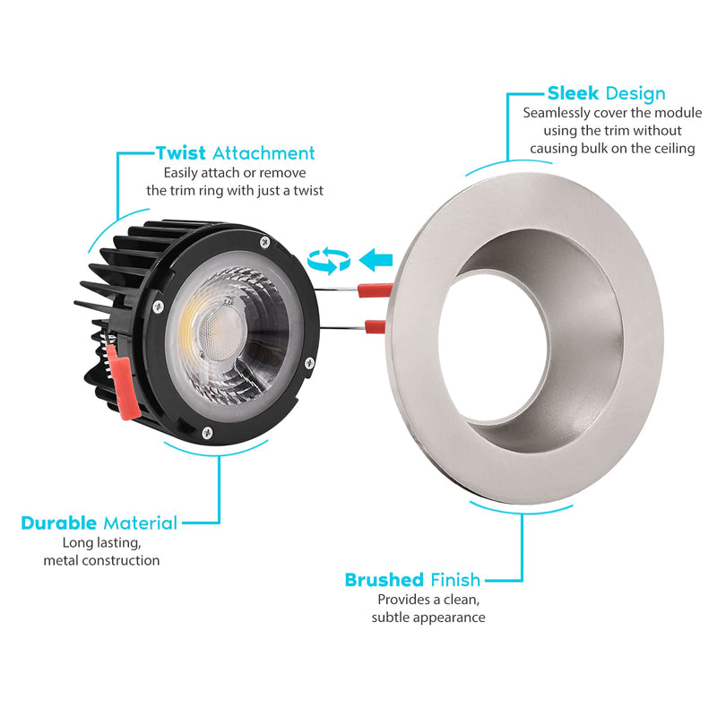 LUXRITE 4 Inch LED Recessed Lighting with Junction Box, 15W, 5 Color Selectable 2700K-5000K, 1100 Lumens, 40° Spotlight, Dimmable Downlight, Wet Rated, IC Rated - Brushed Nickel Round Trim