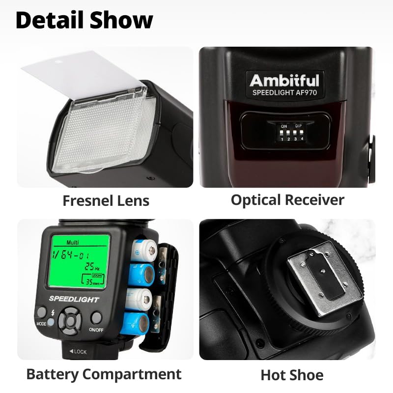 AMBITFUL AF970 Camera Flash Speedlite GN35 Manual S1/S2 2.4G Wireless | Universal Single-contact Hot Shoe Flash for Canon Nikon Sony Fujifilm Olympus. 8-Level Power,Recycle 0.1-2.5s
