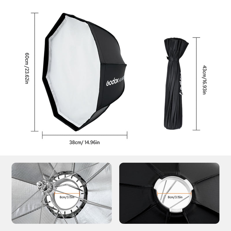 Godox AD-S60S Softbox, Portable Godox Mount Softbox, 60cm/23.6inch Soft Box with Grid for AD400 Pro II AD300 Pro Strobe Flash and ML60 ML60Bi ML60II Bi ML100R ML100Bi LED Light