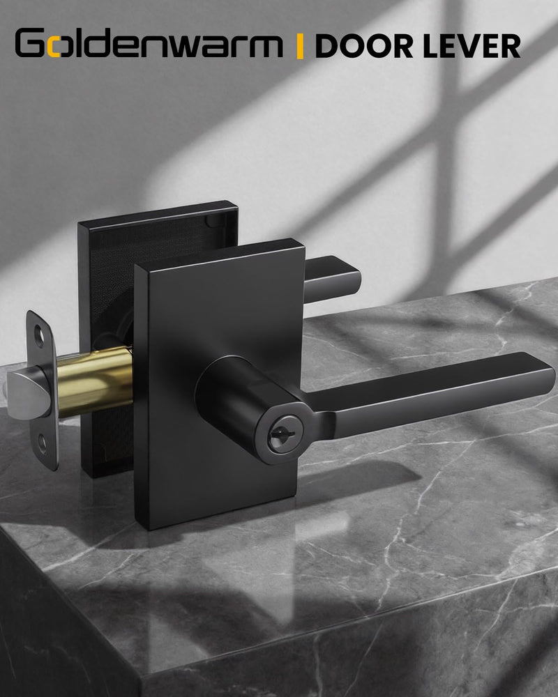 Goldenwarm Matte Black Entry Door Handle with Keyed Lock, Zinc Alloy Black Door Lever for Office & Storage & Entry Door, Adjustable & Reversible, Interior or Exterior Use - 1 Pack