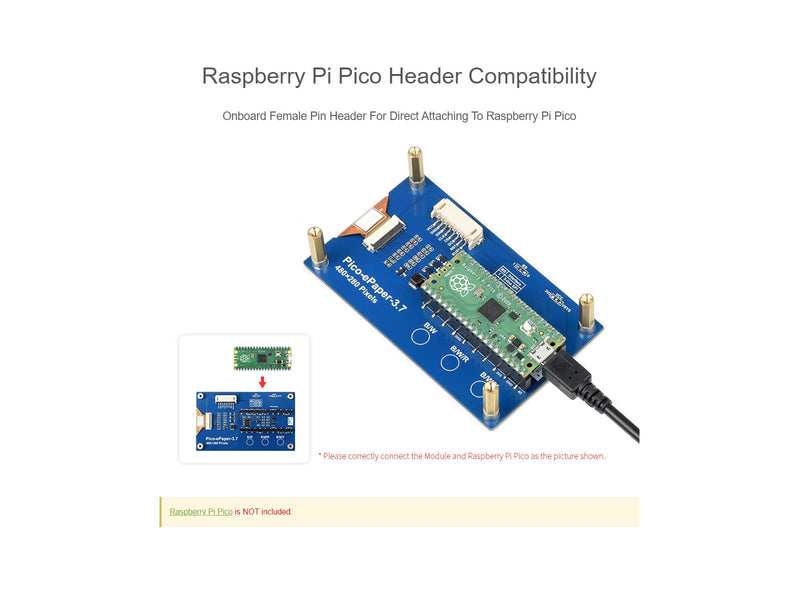 waveshare 3.7inch E-Paper E-Ink Display Module for Raspberry Pi Pico 480×280 Pixels Black/White SPI Interface Support Partial Refresh