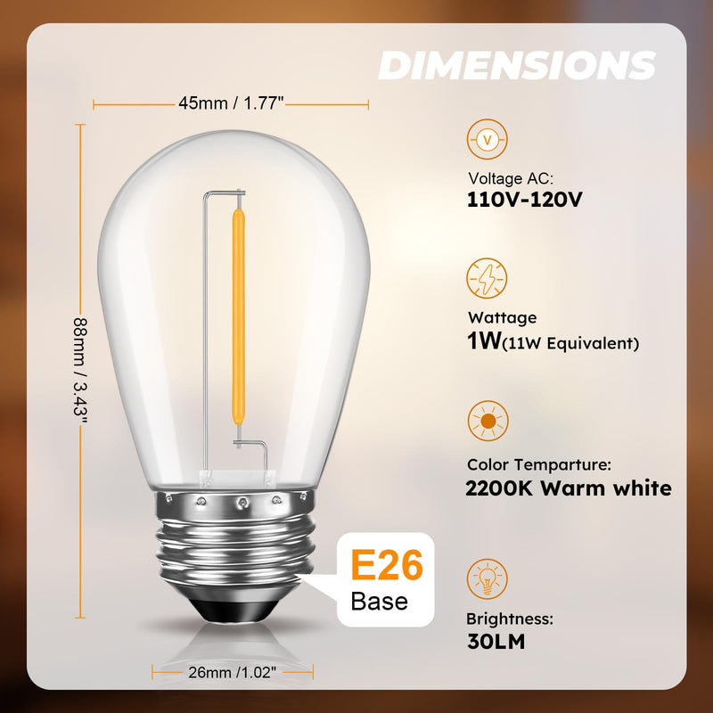 GvvooHome 48 Pack S14 LED Replacement Light Bulbs, Shatterproof Plastic 1W Outdoor String Light Bulbs for Patio, Garden, Waterproof, E26 Regular Medium Screw Base, Warm White 2200k Warm