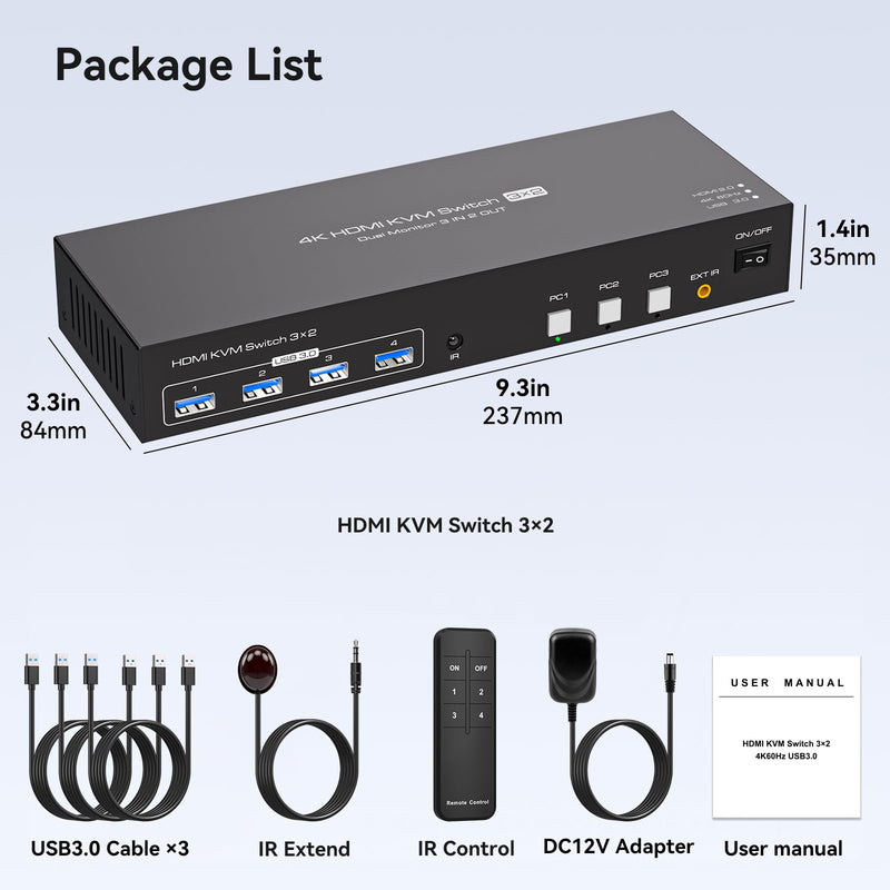 HDMI KVM Switch 3 Computers 2 Monitors 4K60Hz EDID for 3 PC Share Dual Monitor and 4 USB 3.0 Port with Controller HDMI 3 PC 2 Monitors Black