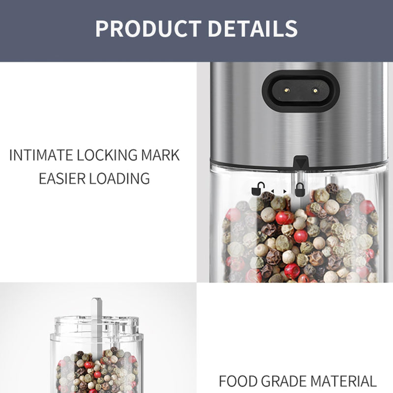 RECHARGEABLE - Electric Pepper and Salt Grinder Set, Adjustable Coarseness, With LED Light, One Hand Automatic Operation (C/Silver) C/Silver
