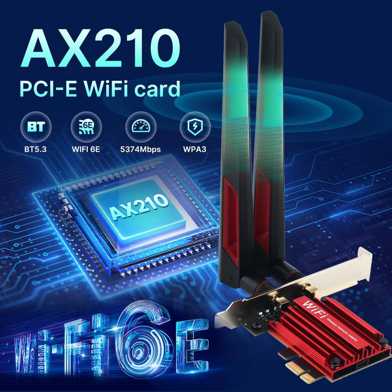 WiFi 6E AX210 PCIE WiFi Card with BT 5.3,AX5400 Tri-Band Network Cards Wireless Card for PC,Supports OFDMA & MU-MIMO, Ultra-Low Latency, WPA3, Low-Profile Bracket, Win10/11 (PCIE-AX210) Antenna 10Dbi
