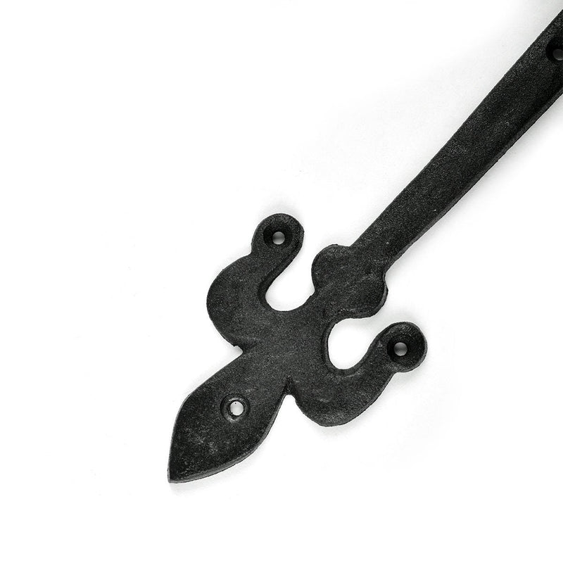 Renovators Supply Manufacturing Black Wrought Iron Fleur De Lis Garage Door Decorative Hardware 12 in Rust Resistant Dummy Strap Hinge with Mounting Hardware Pack of 1