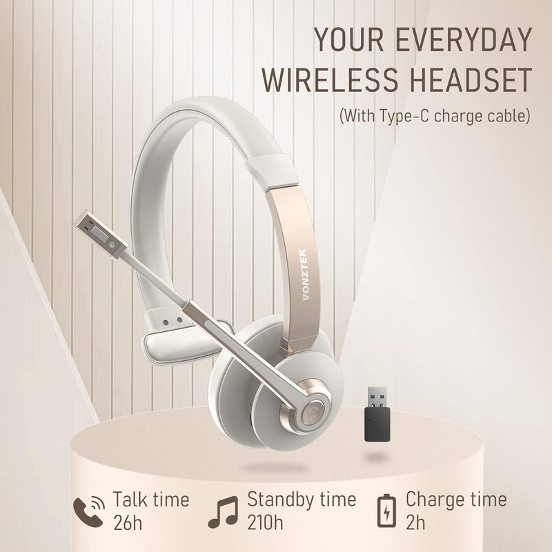 Wireless Headset, Trucker Bluetooth Headset Noise Canceling & Mute | 5.0 Bluetooth Headphones with Mic & USB Dongle for Cell Phone Computer Work Office Teams Meeting Call Center Champagne Gold & White