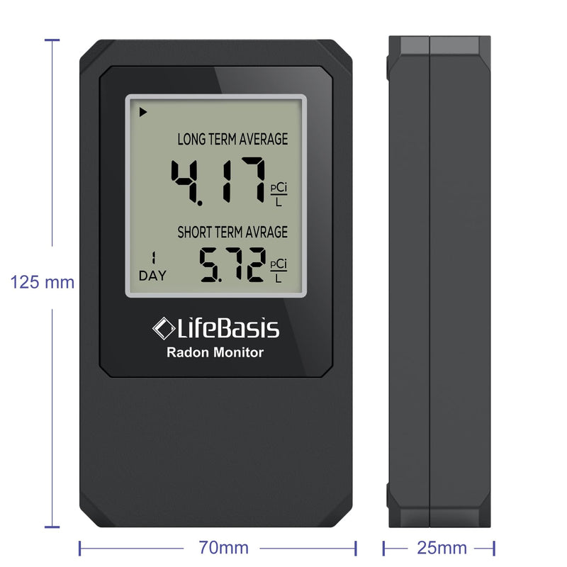LifeBasis Radon Detector, Radon Test for Home with Long and Short Term Radon Meter, Home Radon Gas Monitor US Version-pCi/L (Update Version, Matte Black)