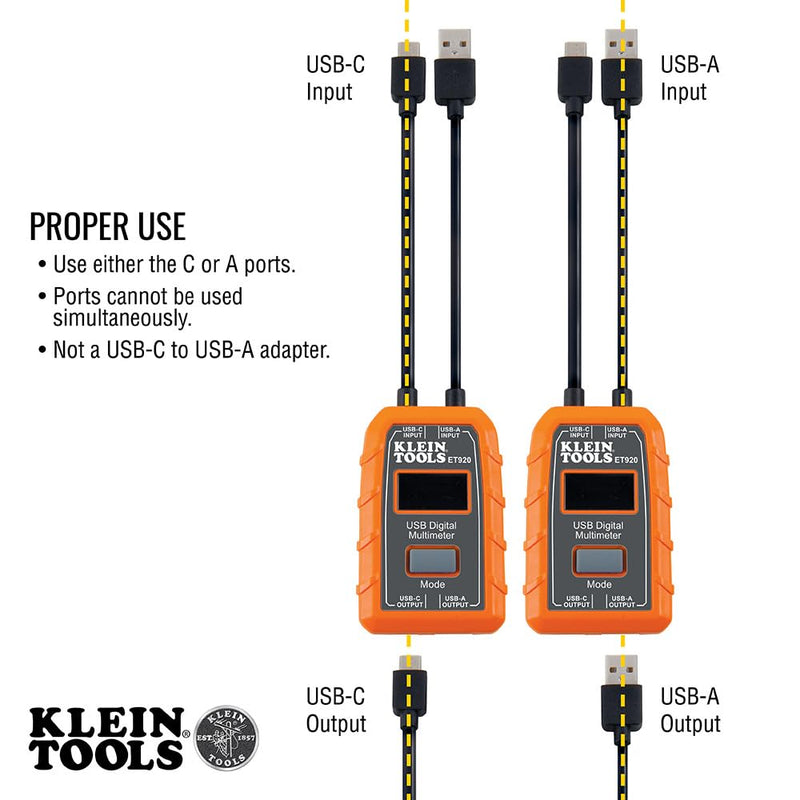 Klein Tools ET920 USB Power Meter, USB-A and USB-C Digital Meter for Voltage, Current, Capacity, Energy and Resistance Electric Circuit Testing Device USB-A and USB-C Meter