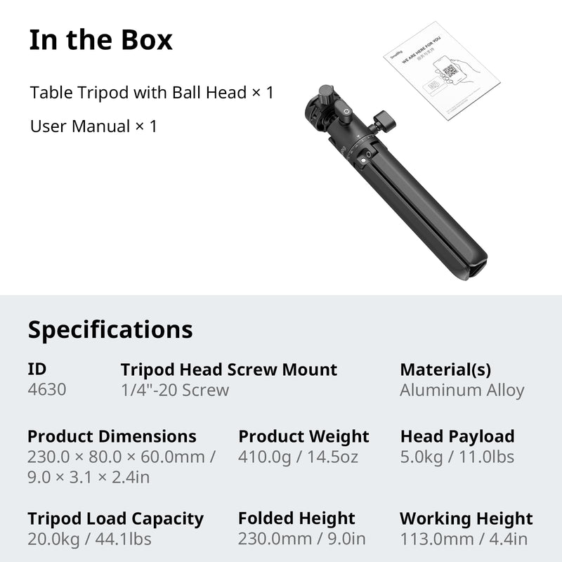 SmallRig Portable Mini Desktop Tripod, Aluminum Alloy Compact Small Tabletop Tripod with 360° Ball Head, 1/4 Screws Quick Release Plate for DSLR，Camera, Phone, Load up to 11 Pounds - 4630
