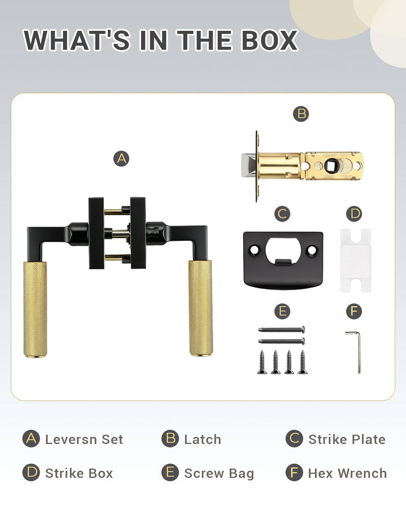 KNOBWELL 1 Pack Gold and Black Door Handle Square Doorknob with Lever Interior Door Lever for Bed and Bath (Push Button) Square Privacy Black and Gold