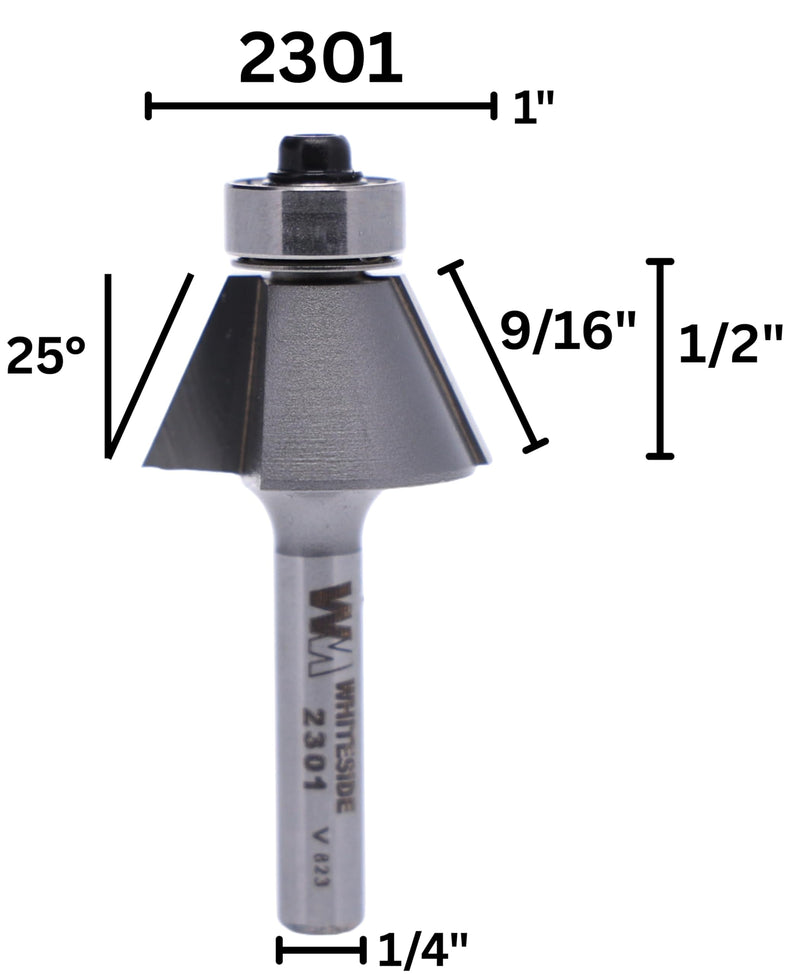 Whiteside Router Bits 2301 Edge Bevel Bit with 25-Degree 9/16-Inch Cutting Length