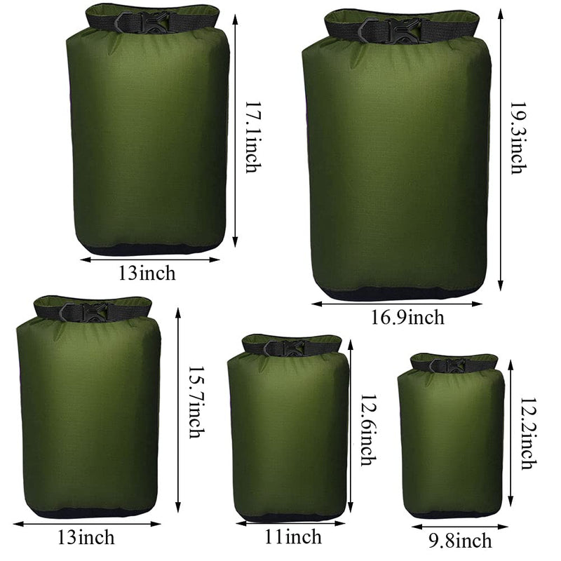 Pimoys 5 Pack Waterproof Dry Sacks, Lightweight Outdoor Dry Bags 20L /12L / 10L/ 6L/ 3.5L Ultimate Dry Bags for Kayaking Camping Rafting Boating Green