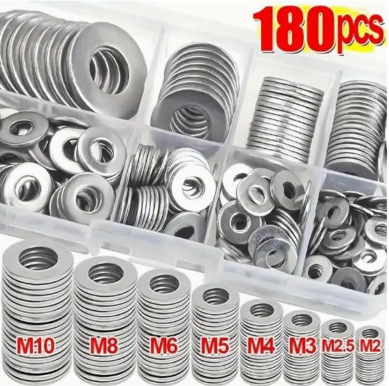 180pcs Stainless Steel Washer Set – M2 to M10 Assorted Sizes, Polished Surface, Durable & Rust-Resistant – Flat Washers for DIY, Mechanical, and Electronic Projects