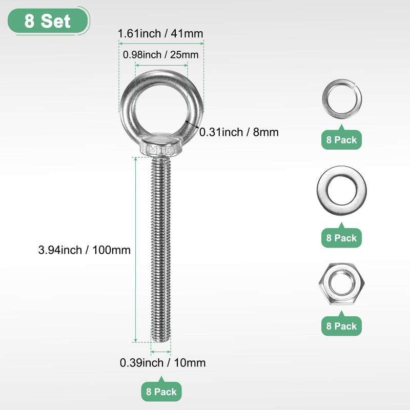 M METERXITY 8-Sets Stainless Eyebolt M10x100mm Shoulder Lifting Eye Bolt with Nuts Washers Male Screw Thread Ring Shoulder Eye Bolts Length 3.94 Inch for Suspending/Fastening