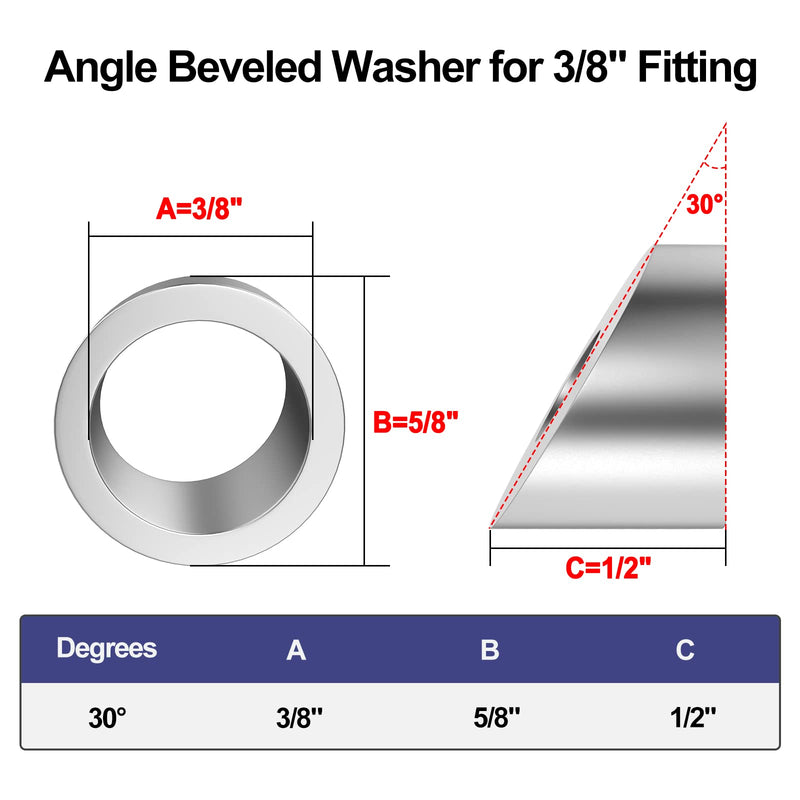 BLIKA 20 Pack 3/8" ID Angle Washers for Cable Railing Stair Ends, Stainless Steel 30 Degree Angle Beveled Washer for 1/8", 3/16" Invisible Cable Railing Kits, Cable Railing Angled Washer 3/8 inch