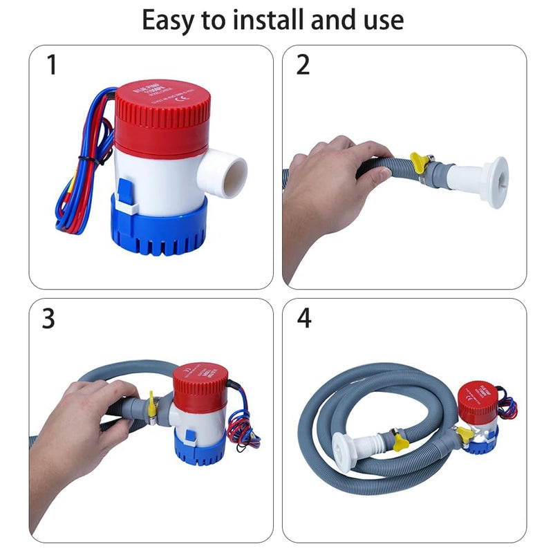 12v 1100gph Boat Bilge Water Pump, 1-1/8 Inch Bilge Pump Plumbing Kit, 6.5FT Bilge Pump Hose, 2 Stainless Steel Clamps and Thru-Hull Fitting
