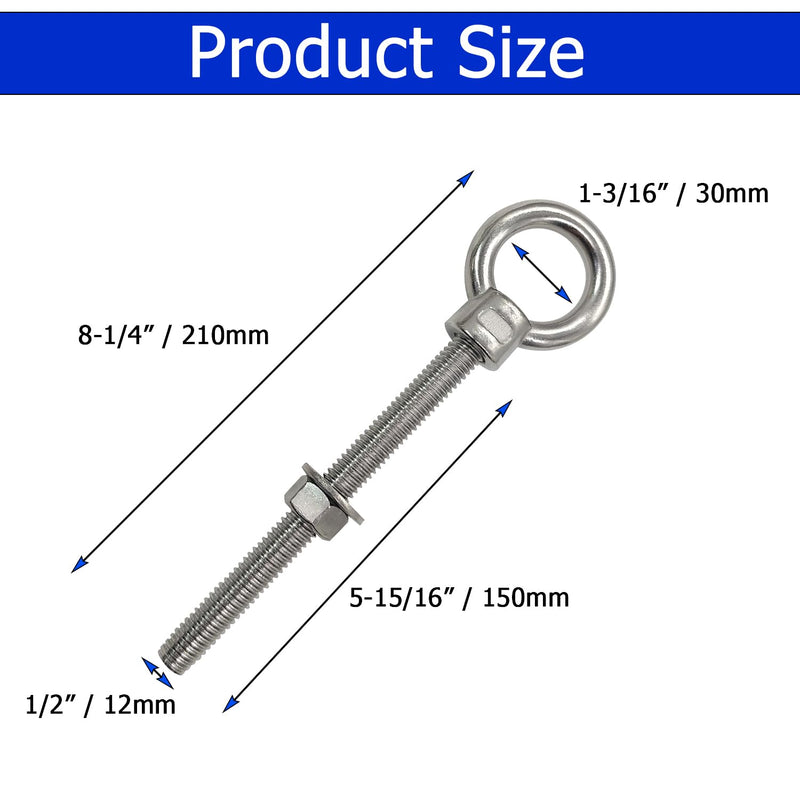 1/2" x 6" Eye Bolts, Marine Grade Heavy Duty 304 Stainless Steel Threaded Shoulder Eyebolts with Washers＆Nuts (5 Pack) 1/2" x 6" 5