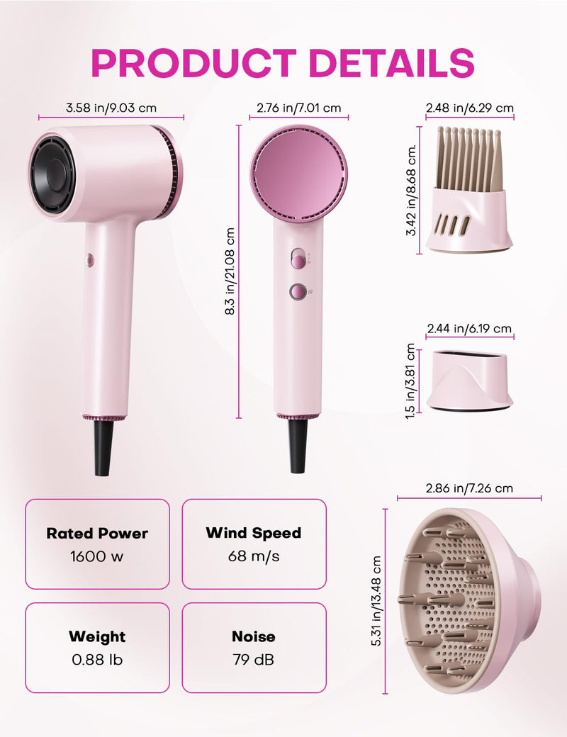High Speed Ionic Hair Dryer: 1600W 110,000 RPM Hair Dryer with Diffuser 2 Speed & 4 Heating Setting, Compact & Lightweight Low Noise Hair Dryer for Women (Pink)