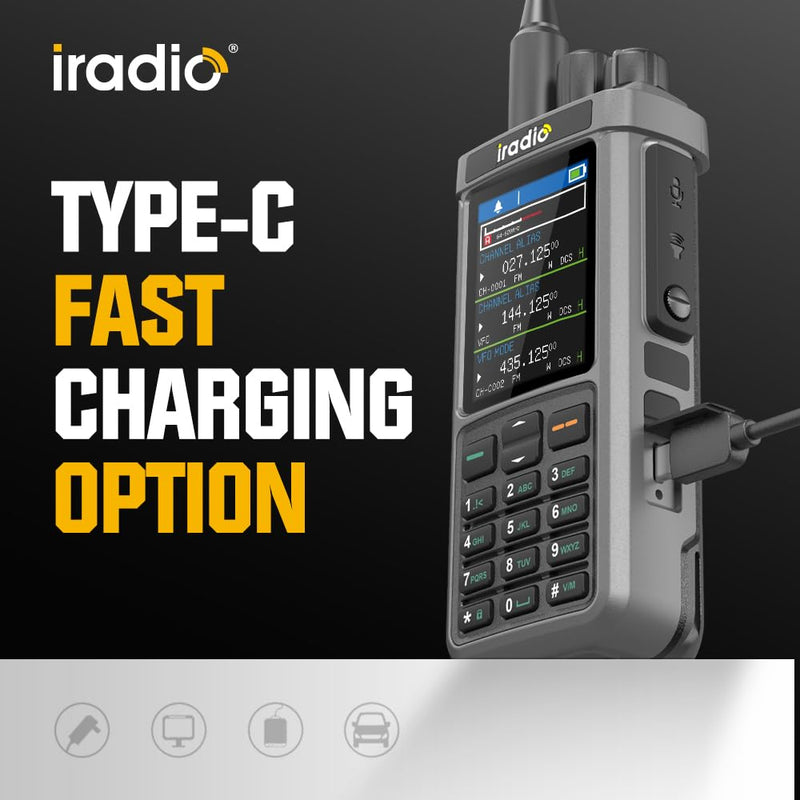 Iradio UV-98 Plus 10W Multi-Band Long Range Walkie Talkie,18–1000 MHz HF/VHF/UHF Ham Radio with FM/AM/SSB, Cross-Band Repeater & NOAA Shortwave, USB-C Quick Charge (with Programming Cable)