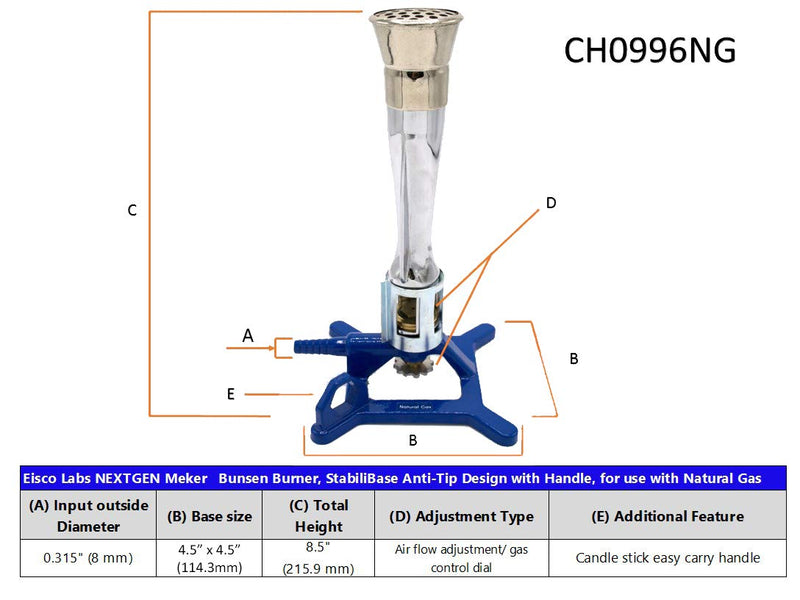 EISCO Meker Bunsen Burner, Natural Gas - Flow Control, Flame Stabilizer, Air Adjustable Cast Iron StabiliBase, Anti-Tip Design with Handle Suitable for use- Eisco Labs