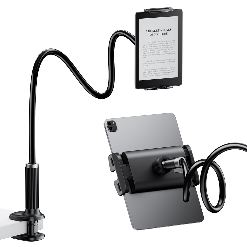 FlyCoco Gooseneck Tablet Stand Holder, [Upgraded] Mount Holder Clip with Flexible Long Arm for Bed, Compatible with iPad Pro Air/iPhone/Kindle Fire/Switch or Other 4-13" Device, Black