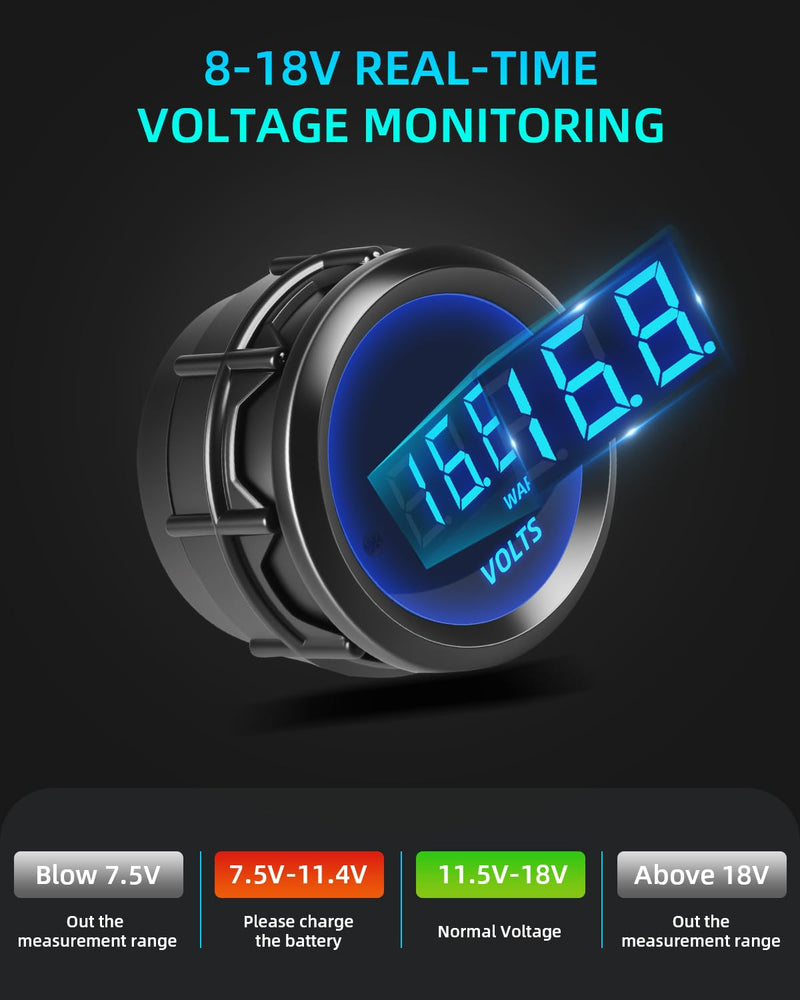 DC 12V Car Voltage Gauge, Safpovel 8-18V 2inches 52mm Blue Digital LED Display Voltmeter with Alarm, Universal Waterpoof Volt Meter Panel Kit for Marine Car Truck Boat Automotive Vehicles 1P
