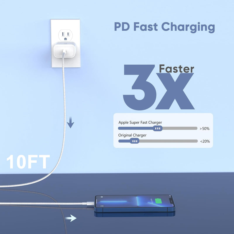 10FT Extra Long Braided iPhone Charger Fast Charging,10Foot 2Pack i Phone Charger Block USB C to Lightning Woven Cable Cord Adapter for iPhone 14 Pro Max/14 Plus/13 Mini/13/12/11/X/XR/SE/i Pad/AirPods White 2Pack 10FT 2