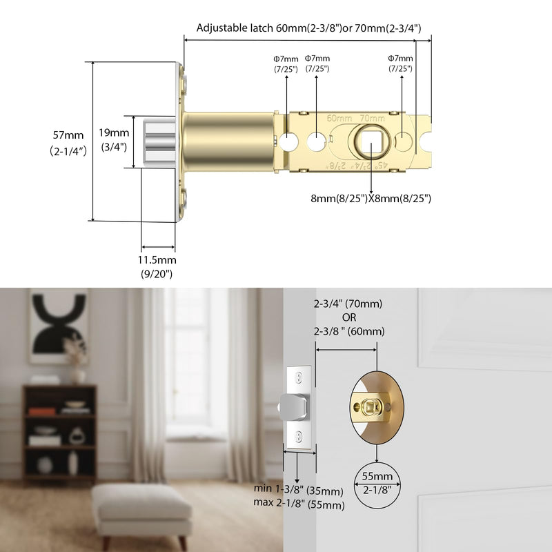 Foxgard Adjustable Deadlatch 2-3/8'' or 2-3/4'', Smart Door Knob Replacement Latch, Keyless Entry Door Lock Deadlatch, Fingerprint Door Lock Accessories
