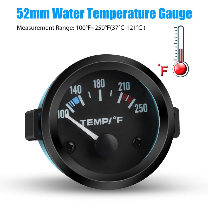 12V Water Temperature Gauge 100-250℉, 52mm Water Temp Gauge LED Backlight, Water Coolant Temp Gauge, Water Temp Meter with Sensor, Electrical Water Temperature Gauge for Car RV Truck Boat Marine