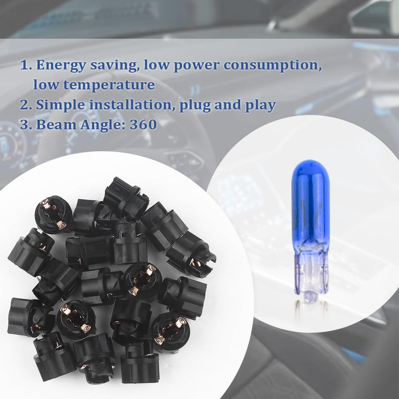 20PCS T5 17 57 79 86 Halogen Instrument Cluster Bulbs with 20PCS Bulb Sockets,12V Dash Light Bulbs for Speedometer,Tachometer,Gauge Cluster,Universal Car Dashboard Light Bulbs (Blue) Blue