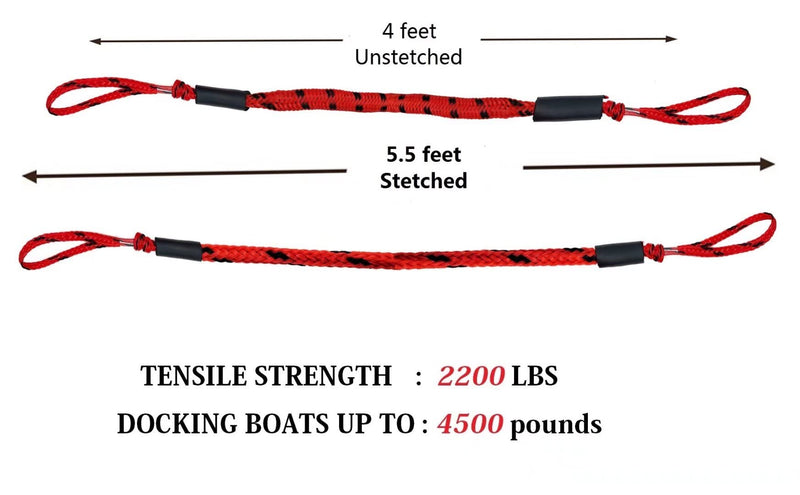 Bungee Dock Lines for Boat Shock Absorb Dock Tie Mooring Rope Boat Accessories 4-5.5 ft,4Pack (RED&Black spot) RED&black spot
