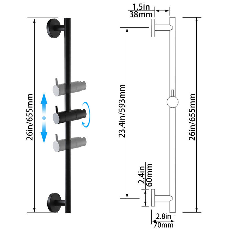 SKOWLL Adjustable Slide Bar 26 Inch Shower Silde Bar No Drill, Stainless Steel Shower Slide Bar with Handheld Shower Head Holder, Wall Mount Sliding Shower Bar for Bathrooms, Outdoors, Matte Black