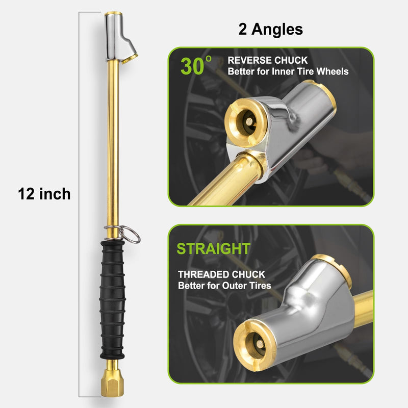 Spurtar 12" Extended Dually Locking Air Chuck for Tires,1/4" FNPT Air Compressor Attachments with Rubber Handle, 2-Way Brass Tire Inflator - Quick Connect Plug as Semi Truck, RV, Truck Accessories 1 Pc