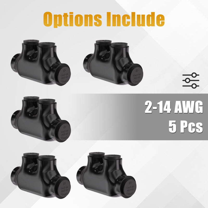 STARELO 5PCS 2 Port Insulated Wire Connector, Inline Splice, Multi Tap Cable Connector for Copper and Aluminum Wires, Slotted Hex, Black Vinyl Coated, Pre-Filled with Oxide Inhibitor (2-14 AWG) 5PCS 2-14 AWG