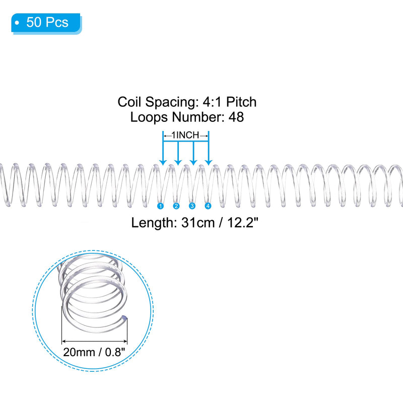 PATIKIL 20mm(3/4") Plastic Spiral Binding Coils, 50 Pcs Binding Spirals 170 Sheet Capacity 4:1 Pitch Binding Spirals for Binding Paper Sheets, Transparent 20mm(3/4")