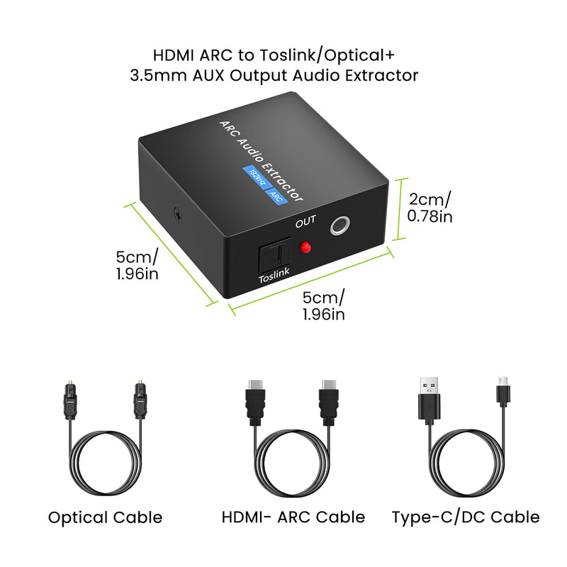192KHz ARC Audio Extractor, HDMI ARC to Toslink/Optical+3.5mm AUX Output, HDMI to Optical Audio Adapter with Optical Cable, ARC to RCA Audio Converter for TV Amplifier Speaker/Soundbar/Headset