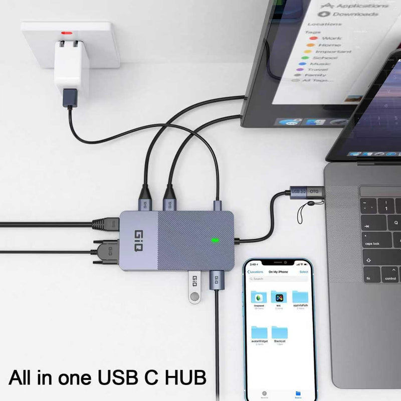 USB Docking Station GIQ USB C HUB USB 3.0 to Dual HDMI VGA Adapter Triple Display USB C Laptop Docking Station Dual Monitor HDMI Splitter Extender Compatible with MacBook M1 M2 M3 M4 M5 USB Dock Gray